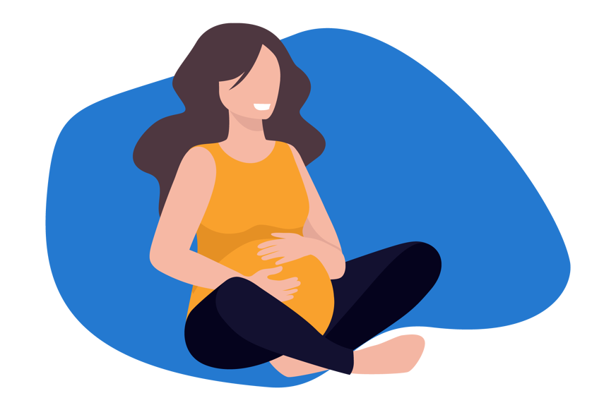 Ilustração de uma mulher grávida, sentada com as mãos na barriga